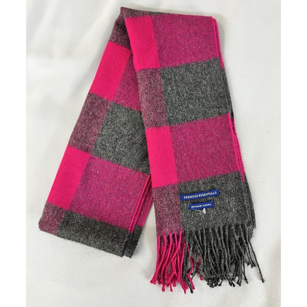 Premium Essential‎ Plaid Gray Pink Scarf 100% Baby Alpaka